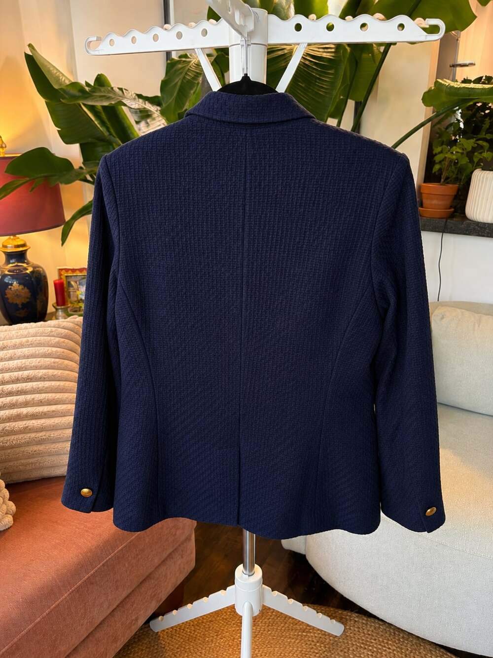 Draper James RSVP Navy Blue Textured Waffle Weave Gold Button Blazer Size Small - Picture 2 of 3